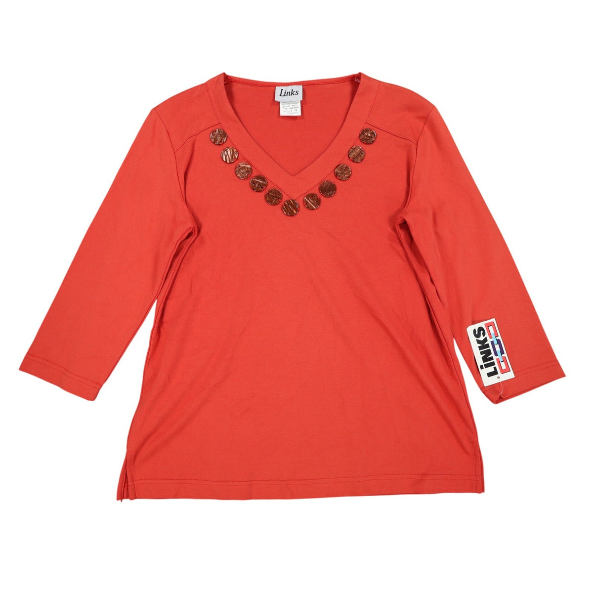 Links 3/4 Sleeve V-Neck Top Small Vintage Y2K Red Beaded Embellished - take2supply