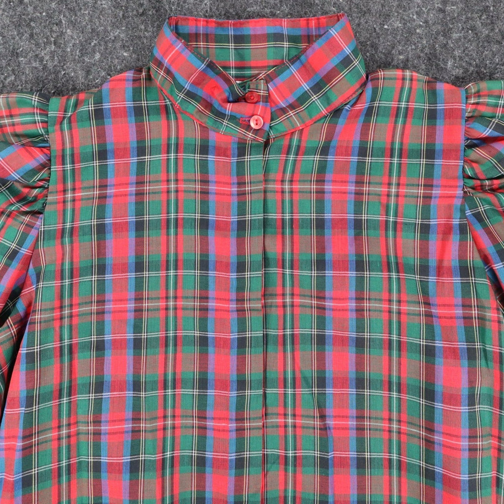 Fancy Free Plaid Blouse Womens 9 Vintage 80s Red Green Puff Shoulder Mock Neck - take2supply