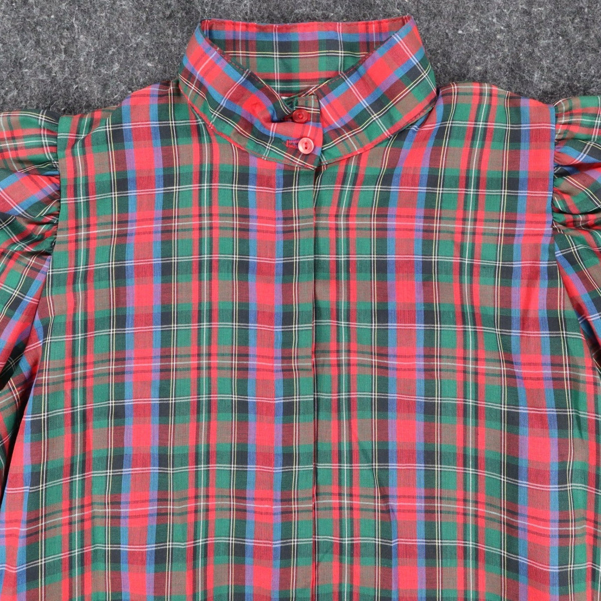 Fancy Free Plaid Blouse Womens 9 Vintage 80s Red Green Puff Shoulder Mock Neck - take2supply