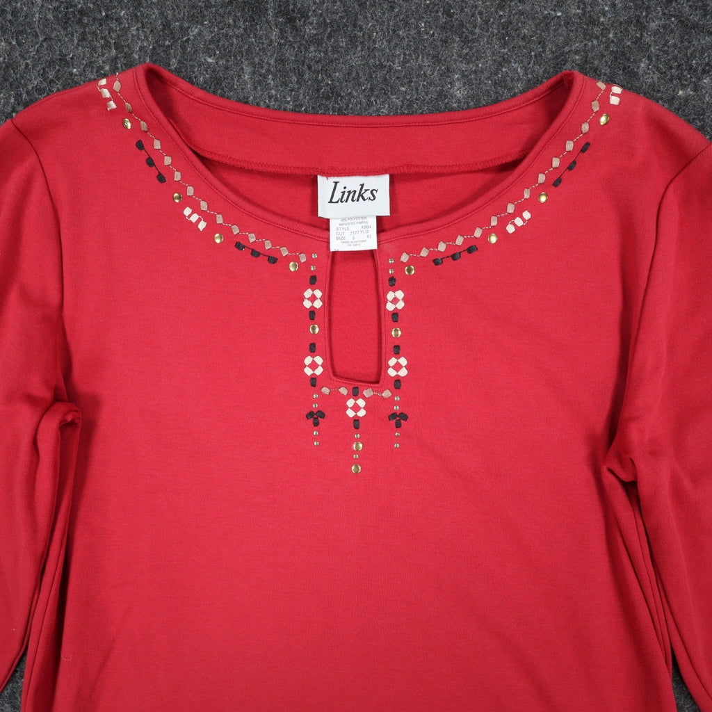 Links Top Womens Small Red Beaded Keyhole Neckline 3/4 Sleeve Cotton Spandex - take2supply