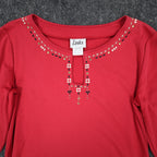 Links Top Womens Small Red Beaded Keyhole Neckline 3/4 Sleeve Cotton Spandex - take2supply