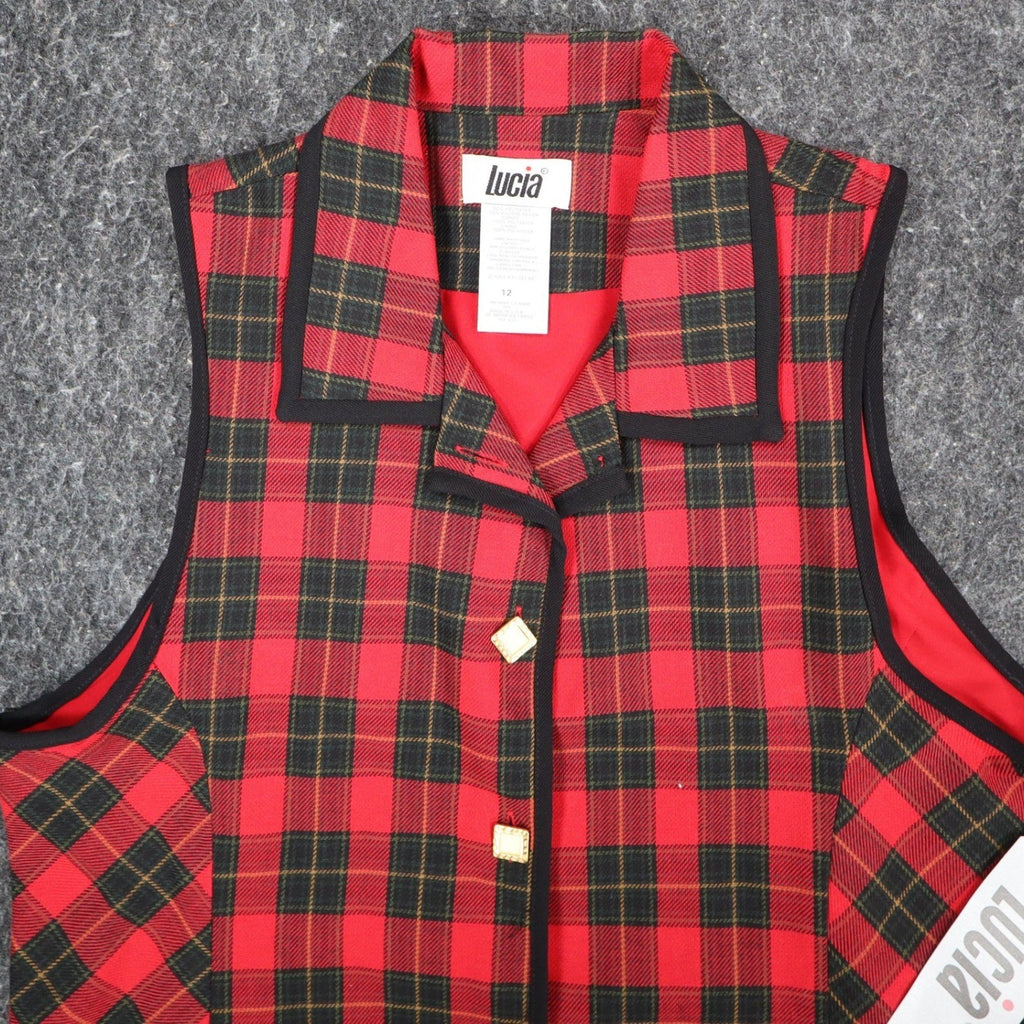 Lucia Plaid Vest Womens Size 12 Vintage 90s Red Tartan Button Front Made in USA - take2supply