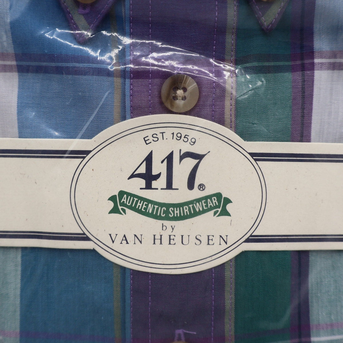 Van Heusen 417 Shirt Mens Medium Vintage 90s Plaid Short Sleeve Deadstock Blue - take2supply