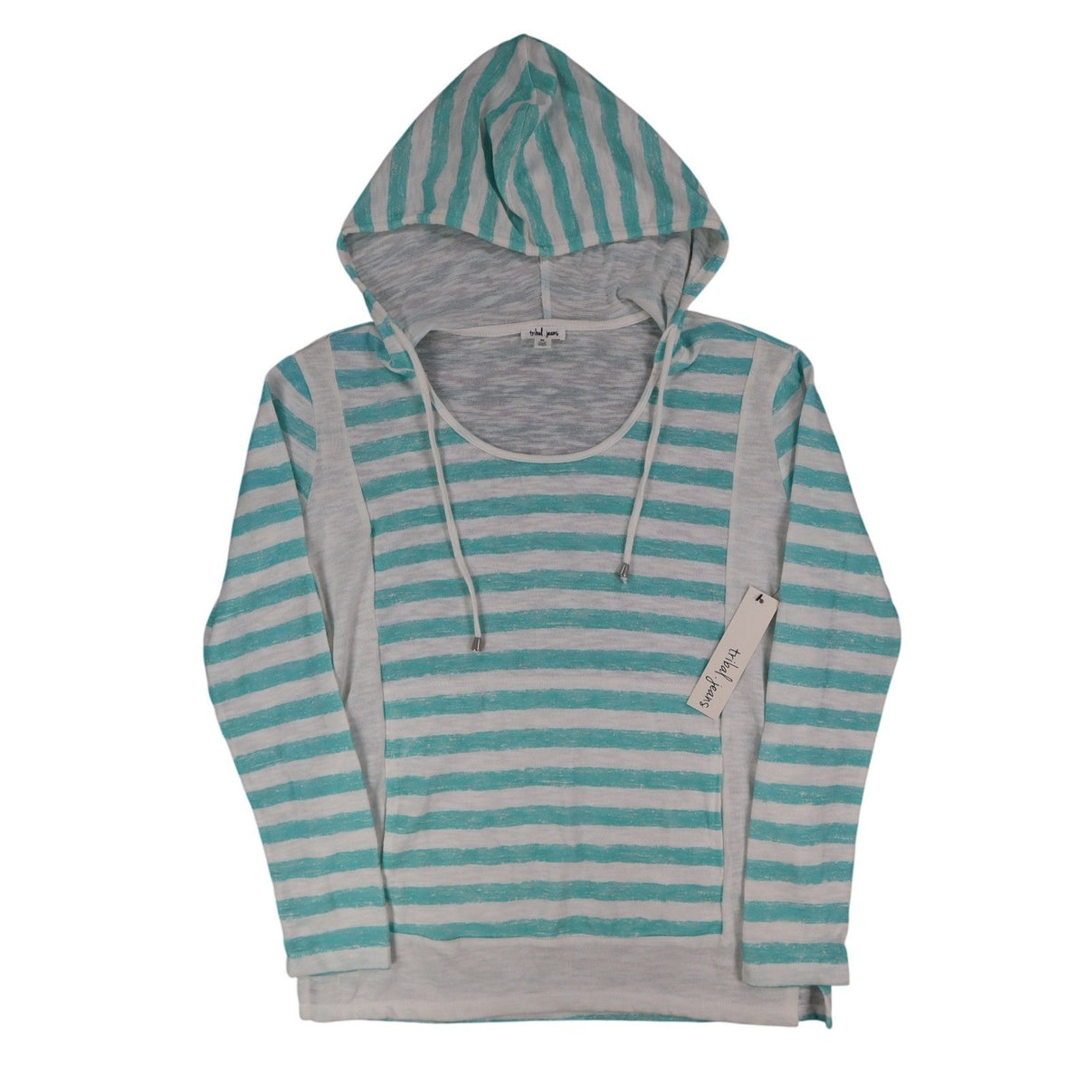Tribal Jeans Womens M Aqua White Striped Lightweight Hooded Pullover Top NWT - take2supply