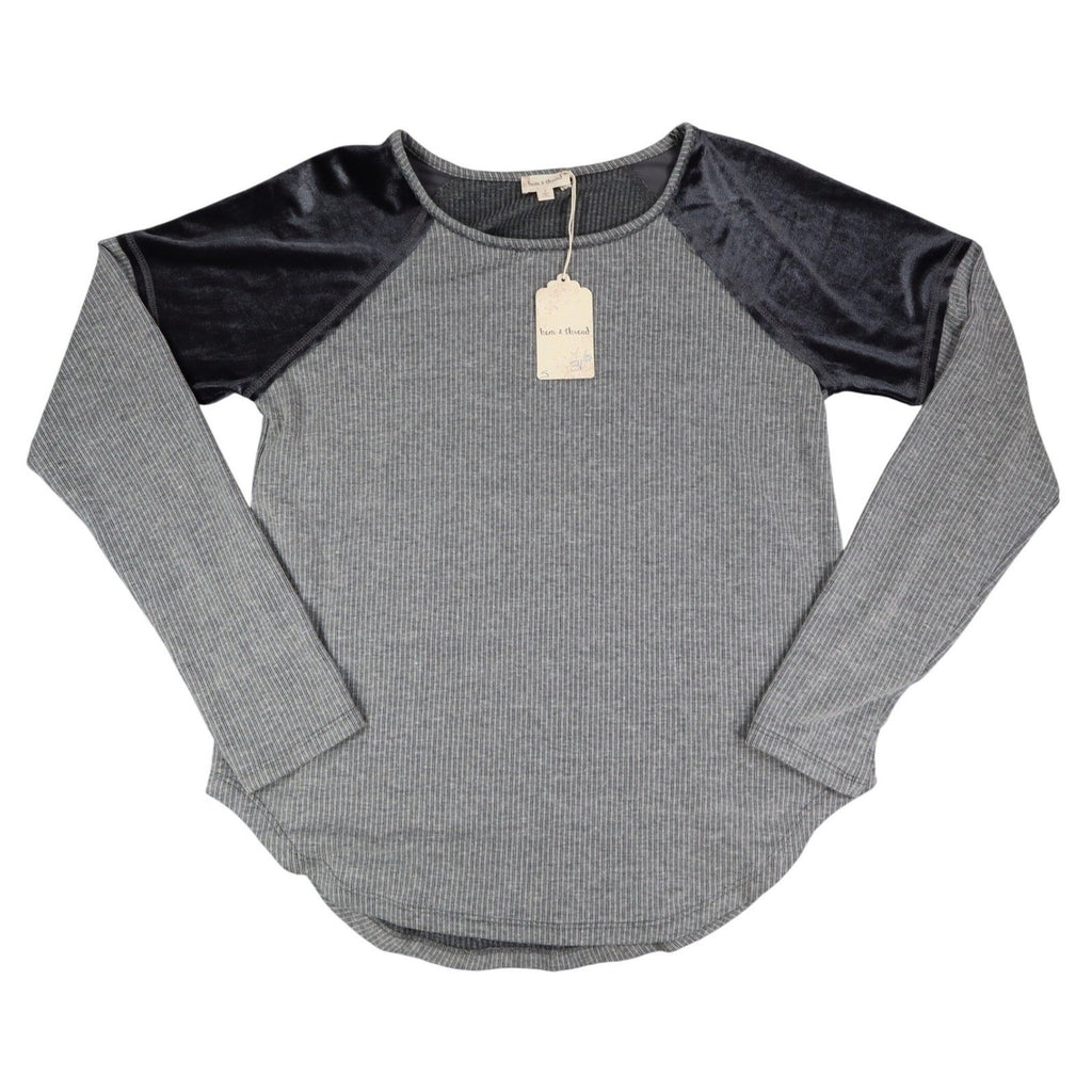 Hem & Thread Top Womens Small Gray Ribbed Knit Velvet Raglan Sleeve Shirt NEW - take2supply