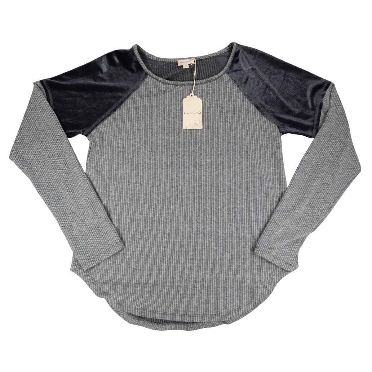 Hem & Thread Top Womens Small Gray Ribbed Knit Velvet Raglan Sleeve Shirt NEW - take2supply