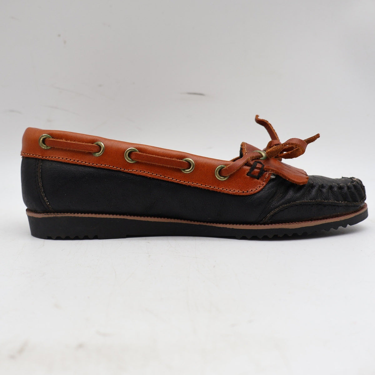 Red Camel Kamper Moccasin Loafers Kids 12.5 Vintage Black Tan Leather Kiltie - take2supply