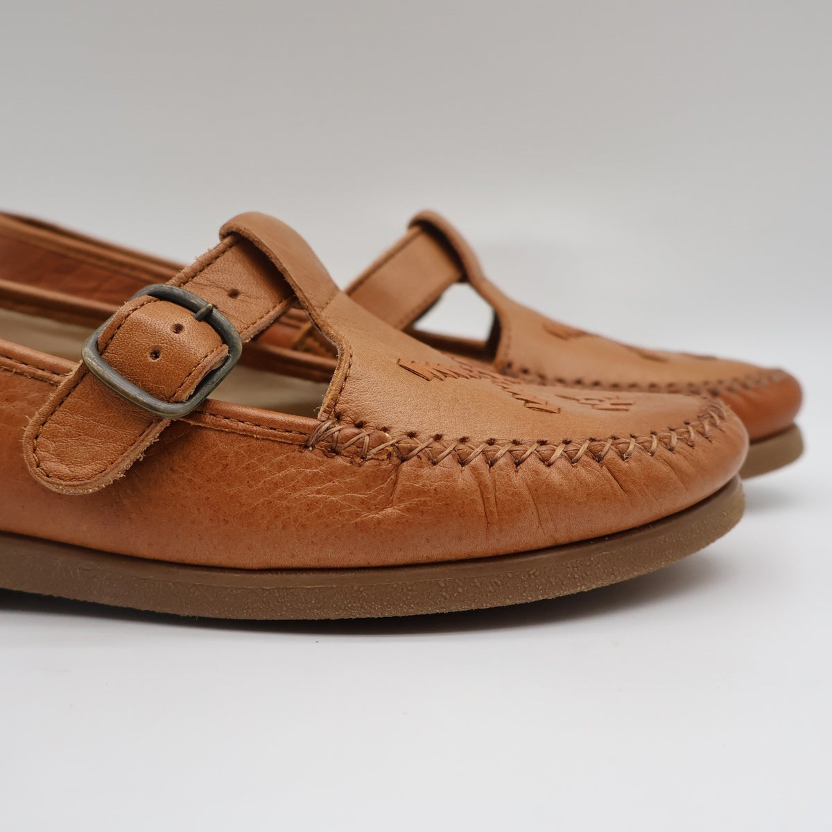Soft Spots Reina Loafers Womens 6.5 Vintage Peanut Brown Leather T-Strap Shoes - take2supply