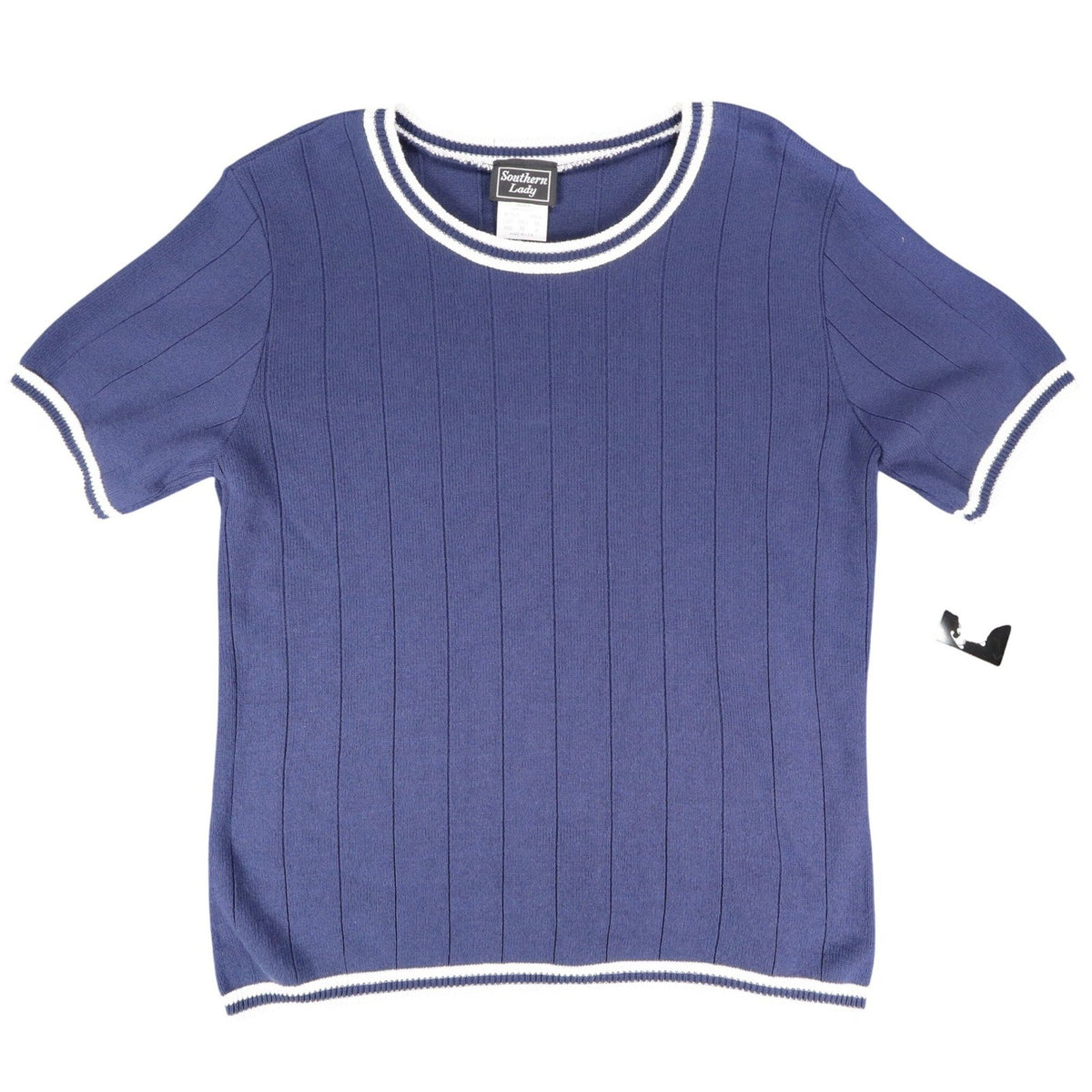 Navy blue Southern Lady short-sleeve knit top, front view with white striped neckline, cuffs and hem