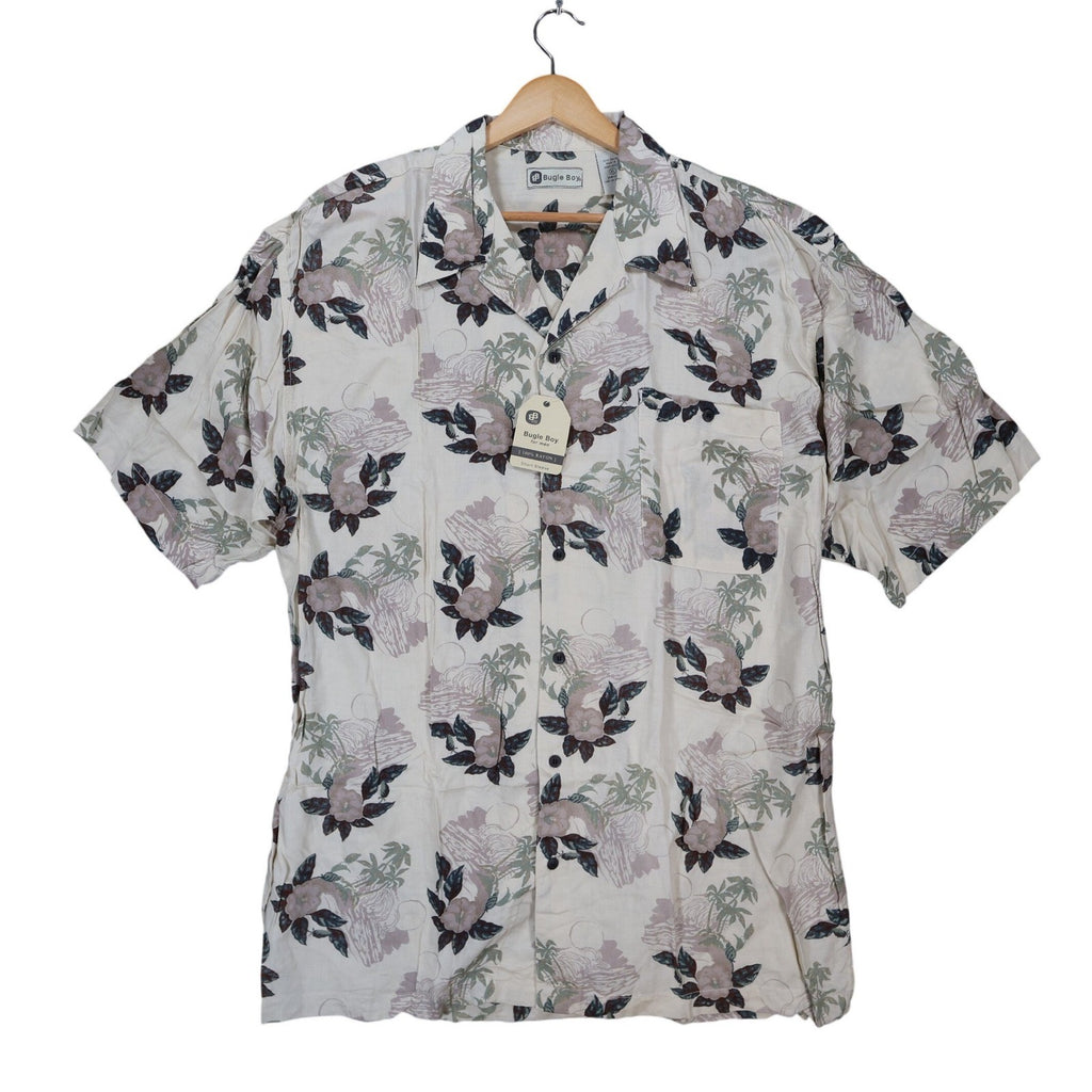 Bugle Boy Button Up Shirt Mens XL Beige New Tropical Floral Rayon Short Sleeve - take2supply