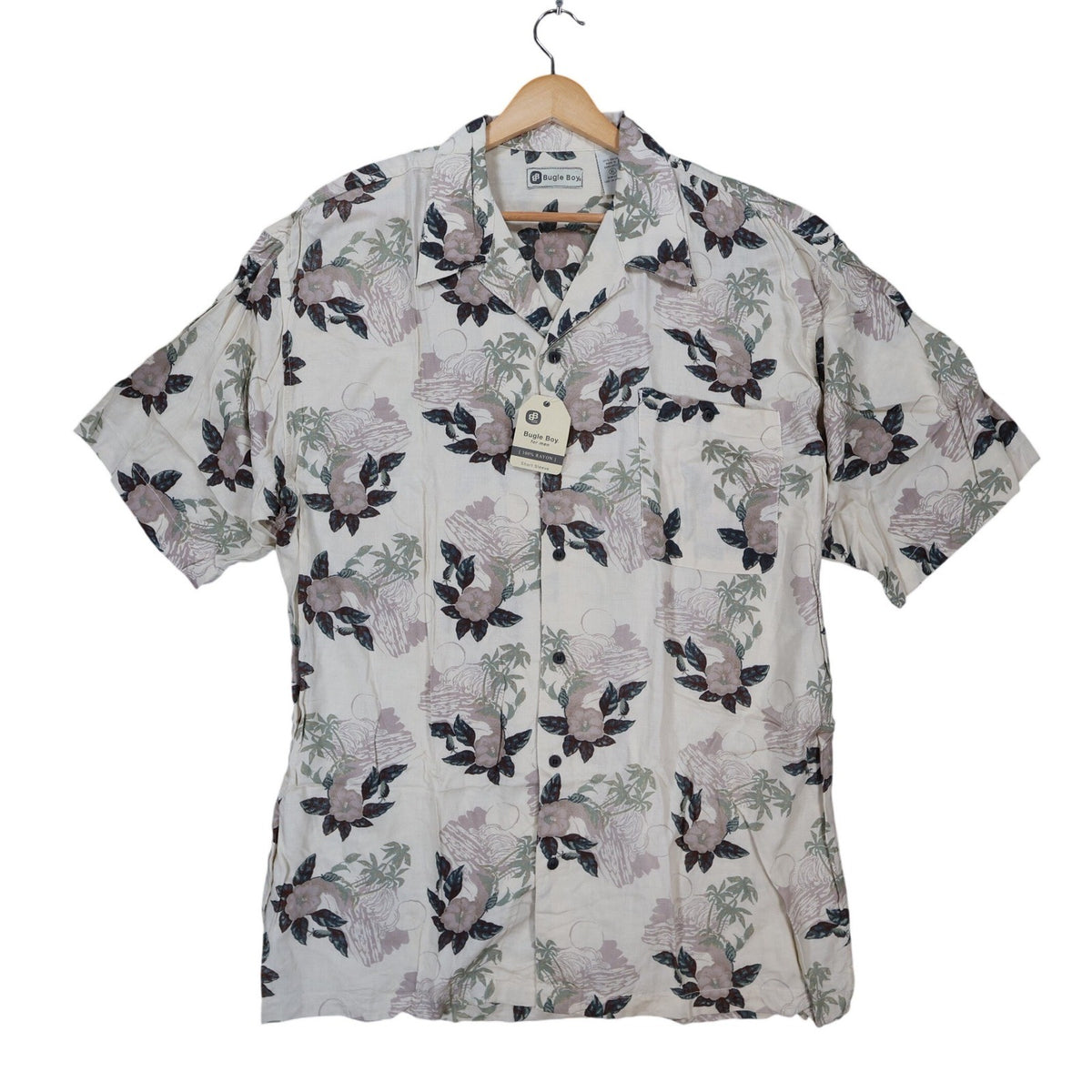 Bugle Boy Button Up Shirt Mens XL Beige New Tropical Floral Rayon Short Sleeve - take2supply