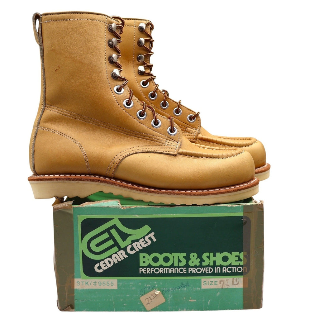 Cedar Crest Moc Toe Work Boots Mens 7.5 E Vintage Tan Leather Wedge Sole 9555 - take2supply