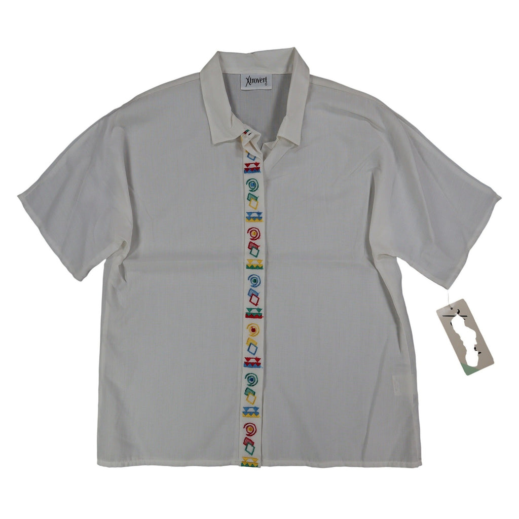 Xtrovert Blouse Womens 10 White Geometric Embroidered Short Sleeve USA NOS NWT - take2supply