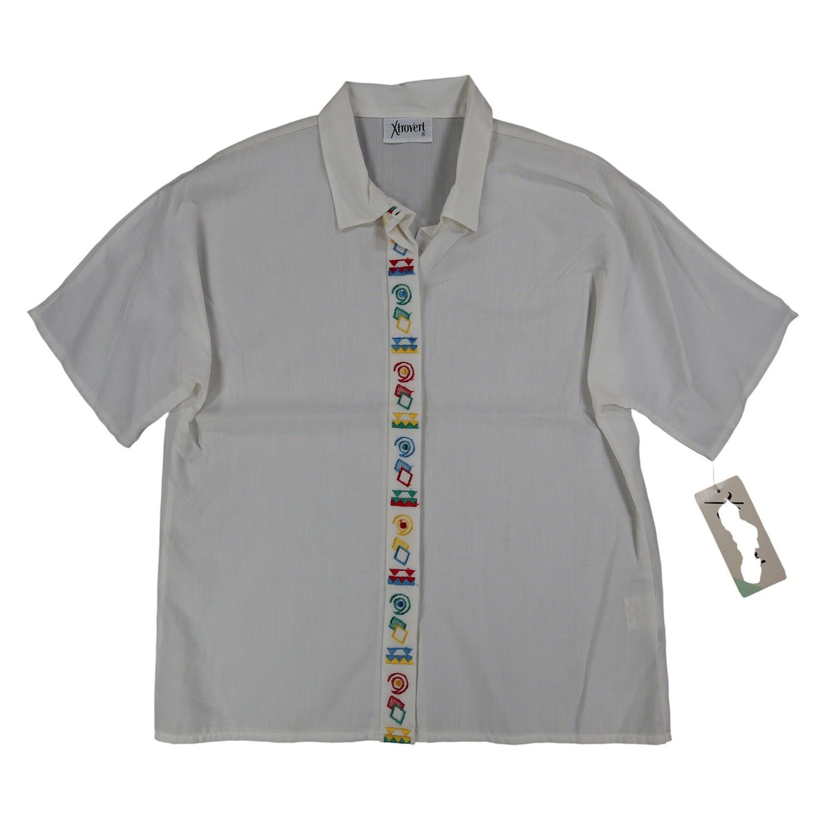 Xtrovert Blouse Womens 10 White Geometric Embroidered Short Sleeve USA NOS NWT - take2supply
