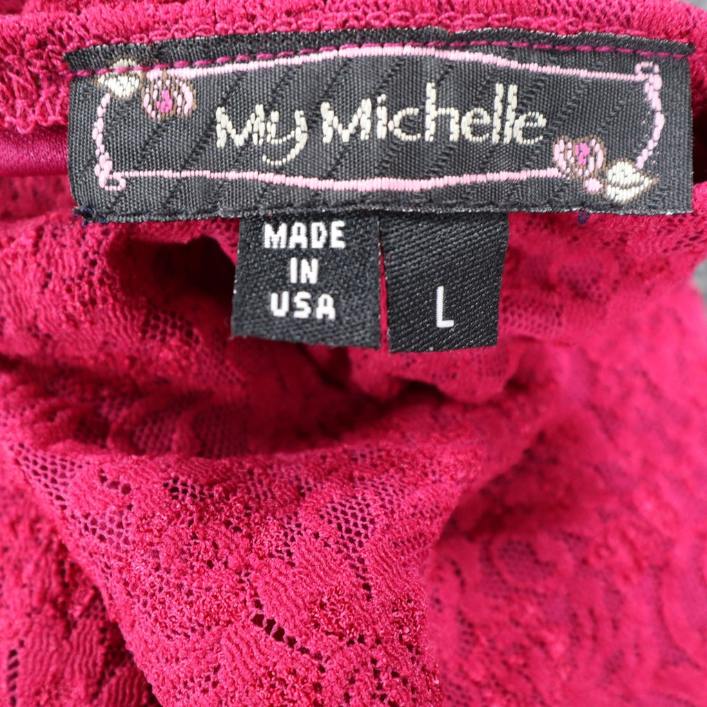 My Michelle Halter Top Large Y2K Pink Floral Lace Tie Neck Lettuce Hem NWT - take2supply