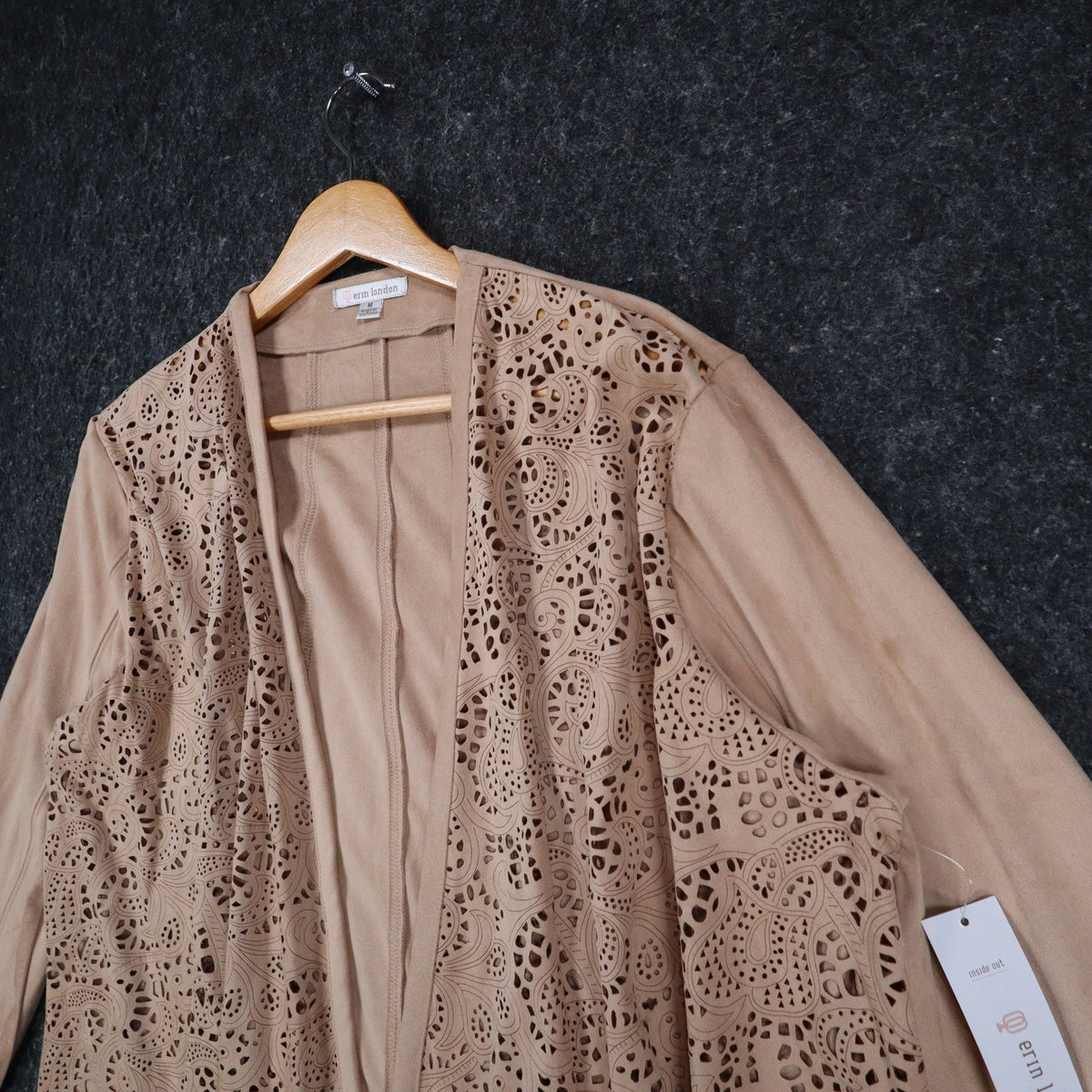 Erin London Open Front Jacket Medium NWT Sand Faux Suede Laser Cut Eyelet C1085 - take2supply