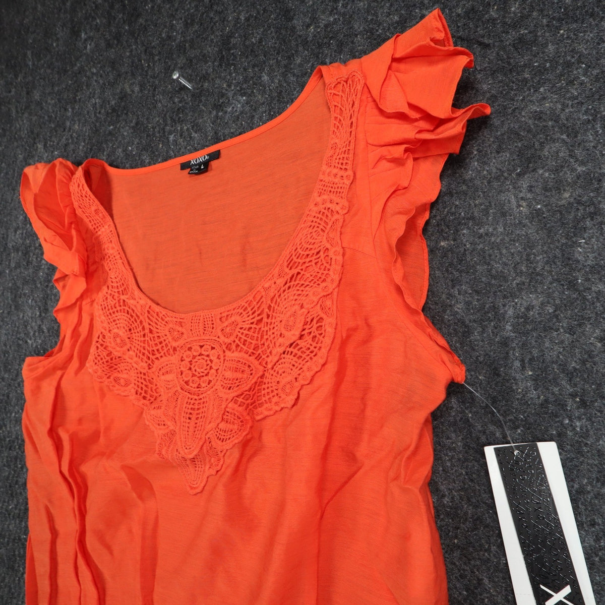 XOXO Blouse Womens L Orange Rayon Crochet Lace Ruffle Cap Sleeve Smocked Top NEW - take2supply