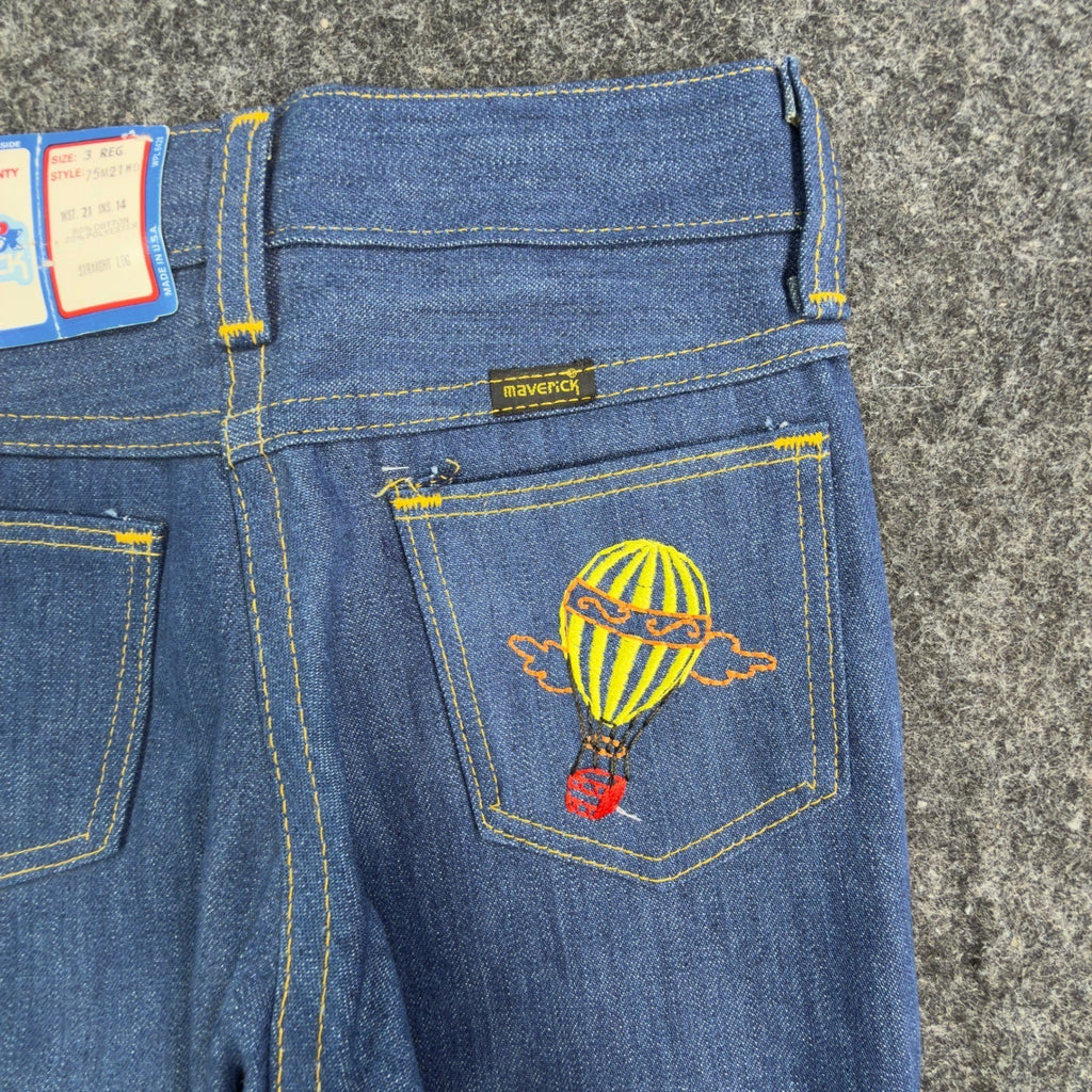 Maverick Vintage 70s Kids Jeans Size 3 Reg Blue Denim Hot Air Balloon Deadstock - take2supply