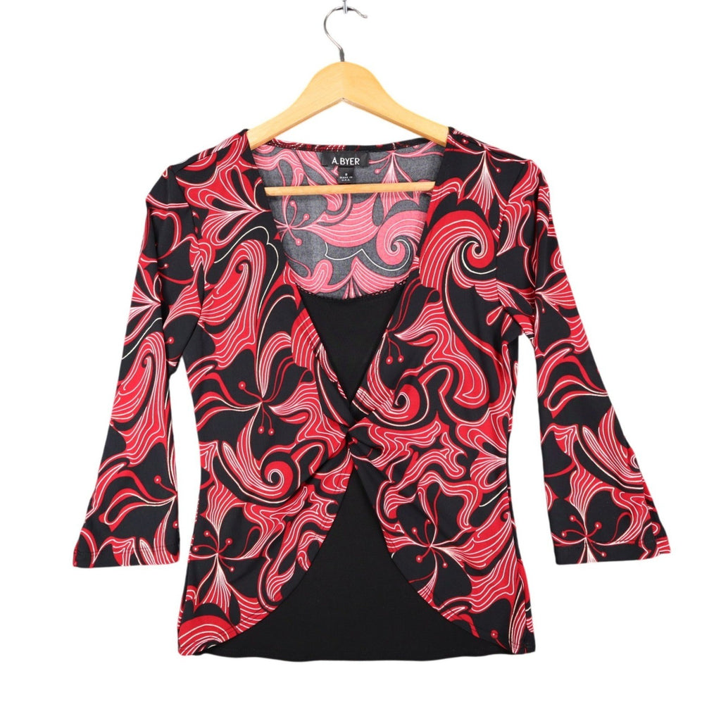 A. Byer Top Womens Small Y2K Red Black Floral Swirl Faux Wrap Twist Front NWT - take2supply