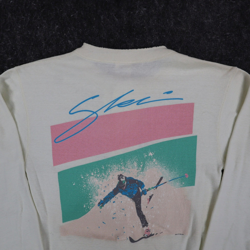 Buffalo Shirts Henley Shirt Medium Vintage 90s Skier Graphic Long Sleeve Cream - take2supply