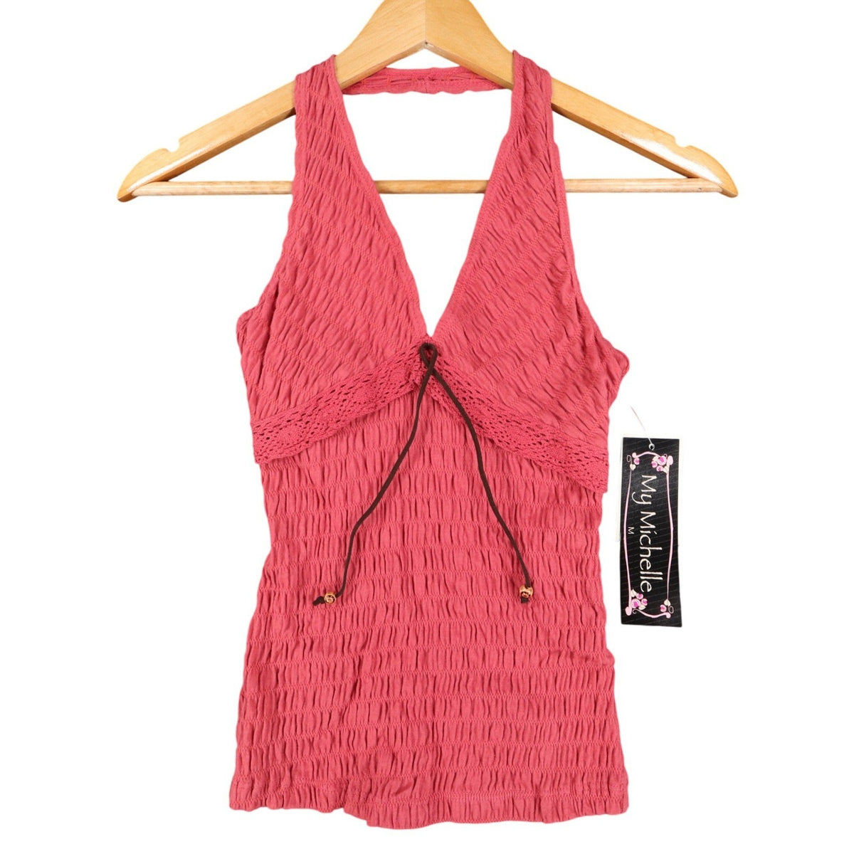 My Michelle Halter Top Womens Medium NWT Pink Cotton Smocked Y2K Boho - take2supply
