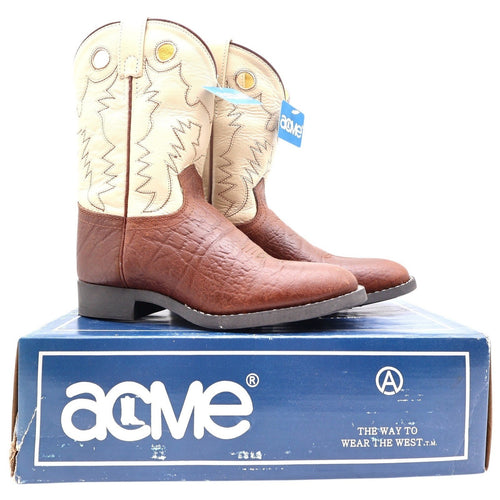 Acme Vintage Cowboy Boots Boys 2 Brown Cream Bullhide Roper NWT Deadstock - take2supply