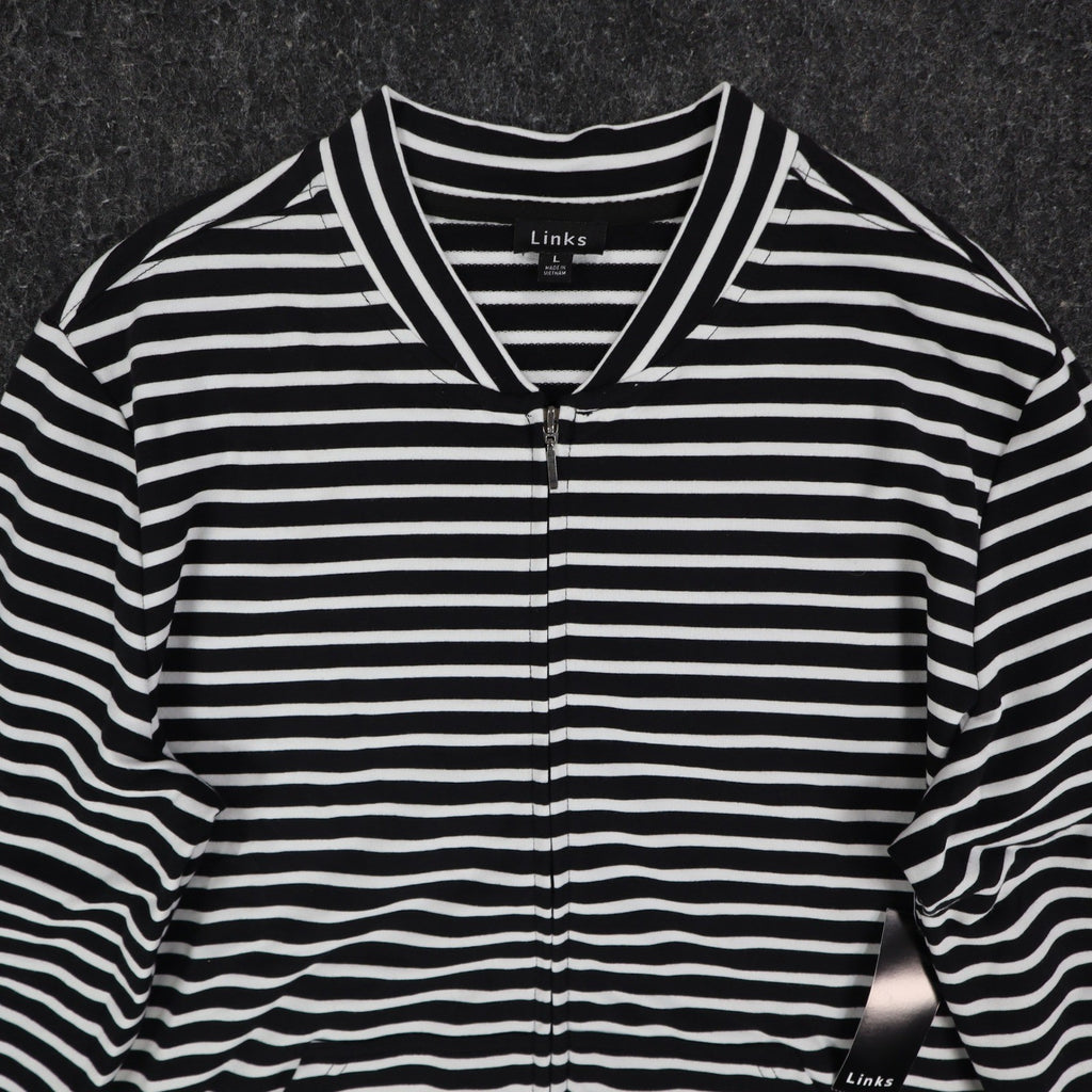 Links Womens L Black White Striped Full Zip Knit Jacket Stretch NWT - take2supply