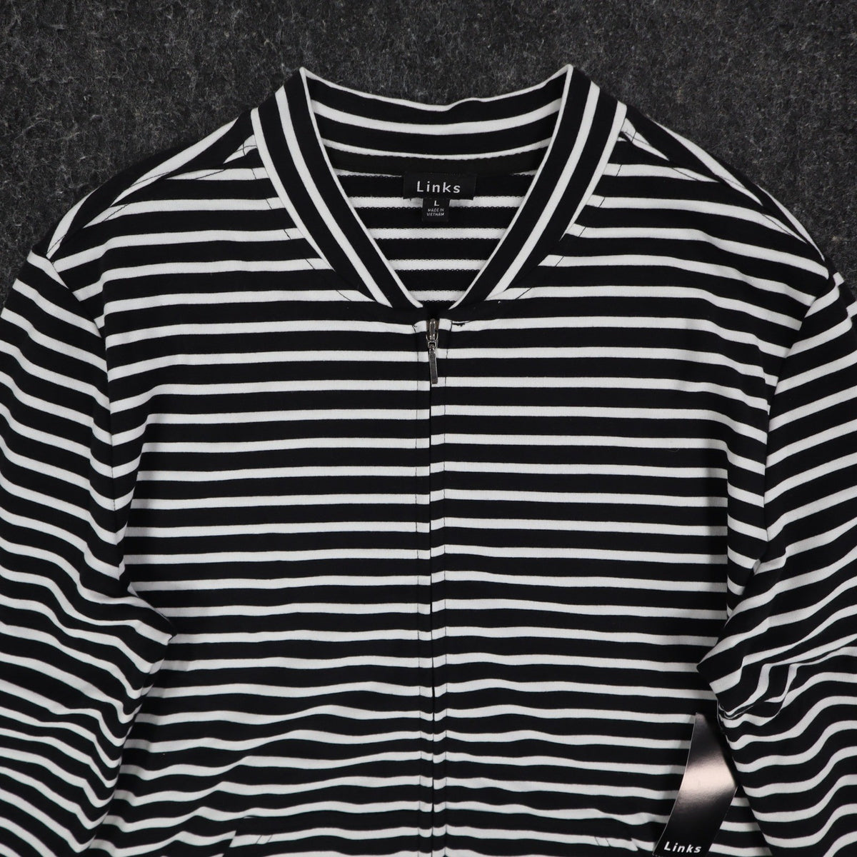 Links Womens L Black White Striped Full Zip Knit Jacket Stretch NWT - take2supply