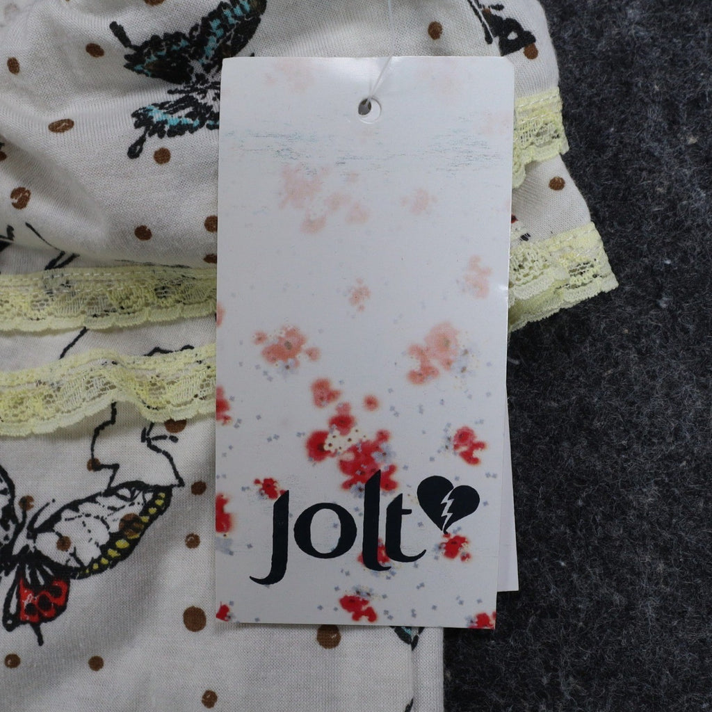 Jolt One Shoulder Top Womens Medium Ivory Butterfly Print Ruffle Lace Trim NWT - take2supply