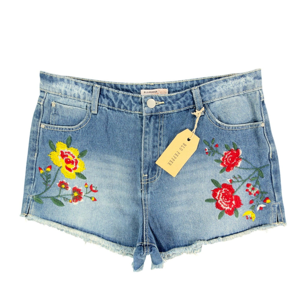 Blu Pepper Modern Floral Embroidered Denim Shorts Womens L Blue NWT BA6806 - take2supply