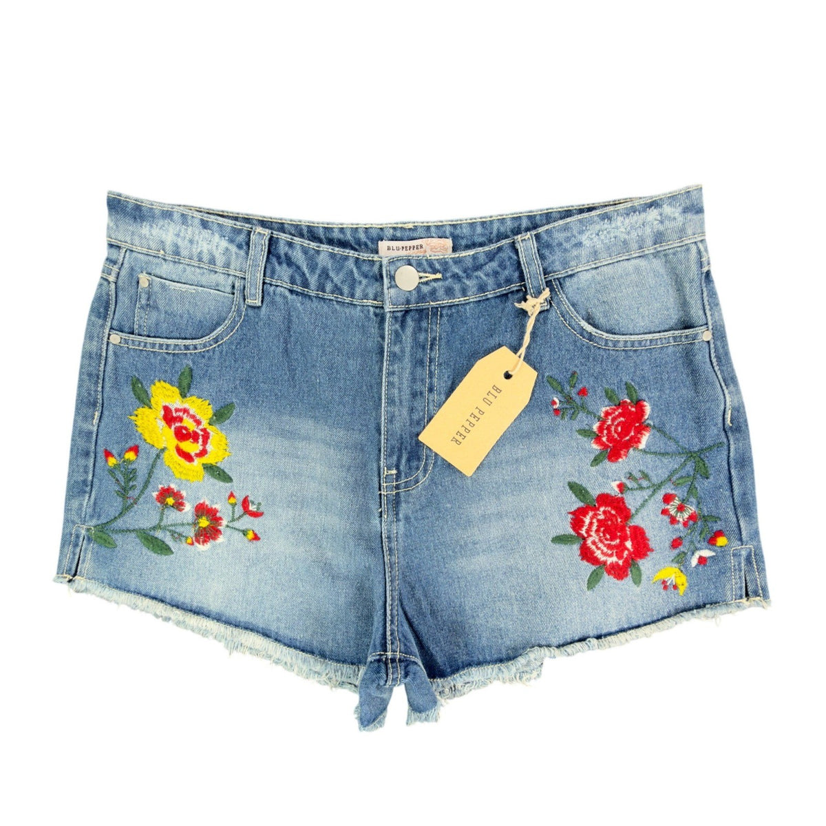 Blu Pepper Modern Floral Embroidered Denim Shorts Womens L Blue NWT BA6806 - take2supply