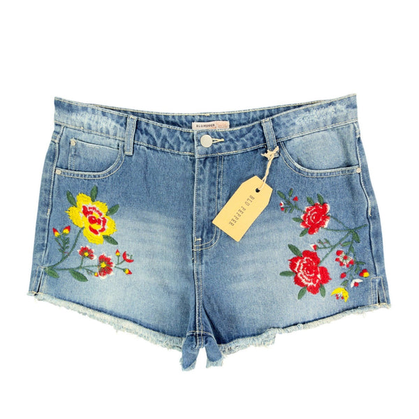 Blu Pepper Modern Floral Embroidered Denim Shorts Womens L Blue NWT BA6806 - take2supply