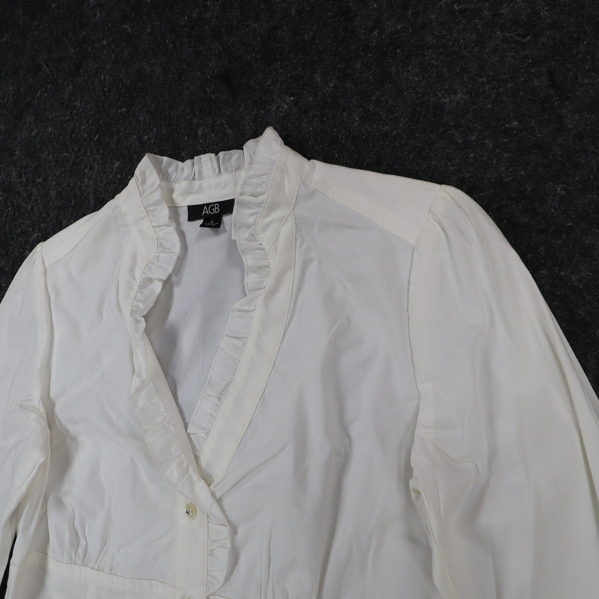 AGB Blouse Womens Small White Stretch Cotton Ruffle V-Neck Long Sleeve Button Up - take2supply