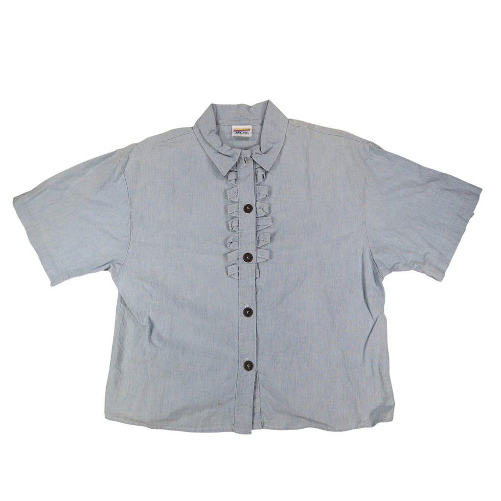 New Expressions Shirt Womens Medium Vintage Blue Cotton Ruffle Short Sleeve USA - take2supply