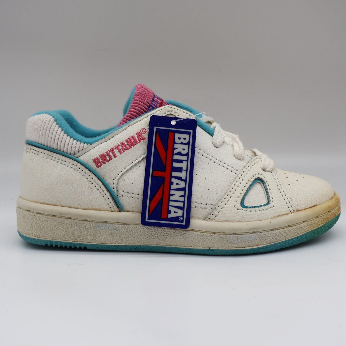 Brittania Sneakers Kids Size 1.5 Vintage 80s White Leather Teal Pink B98543G - take2supply