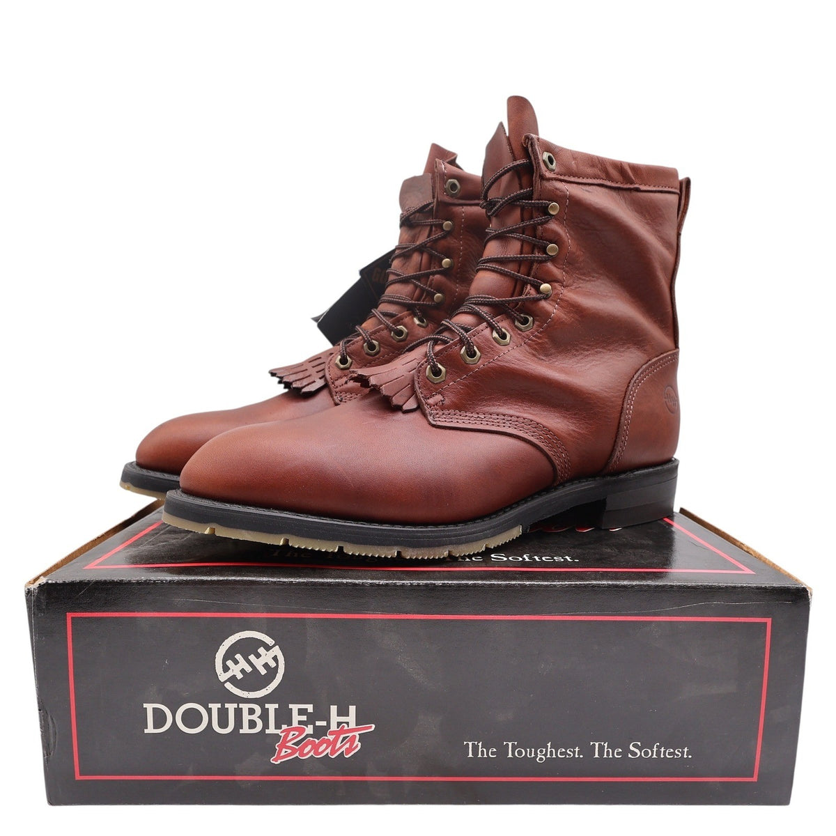 Pair of brown Double-H lace-up boots with fringed tongue inserts displayed on a Double-H shoebox