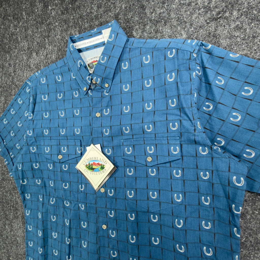 Cumberland Outfitters Western Shirt Mens Large Blue Horseshoe Cotton NWT - take2supply