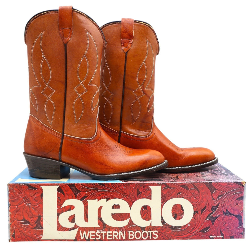 Laredo Western Boots Boys 2.5 D Vintage 90s Rust Leather Made in USA Deadstock - take2supply