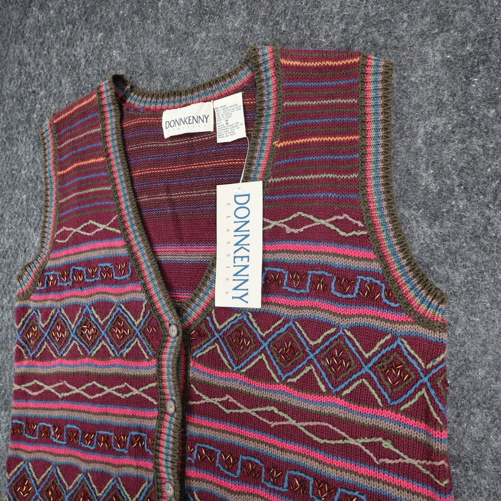 Donnkenny Classics Sweater Vest Womens M Vintage 90s Burgundy Beaded Knit Vest - take2supply