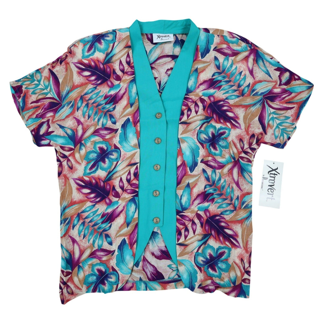 Xtrovert Blouse Womens 8 Vintage 90s Teal Floral Faux Vest Rayon Short Sleeve - take2supply
