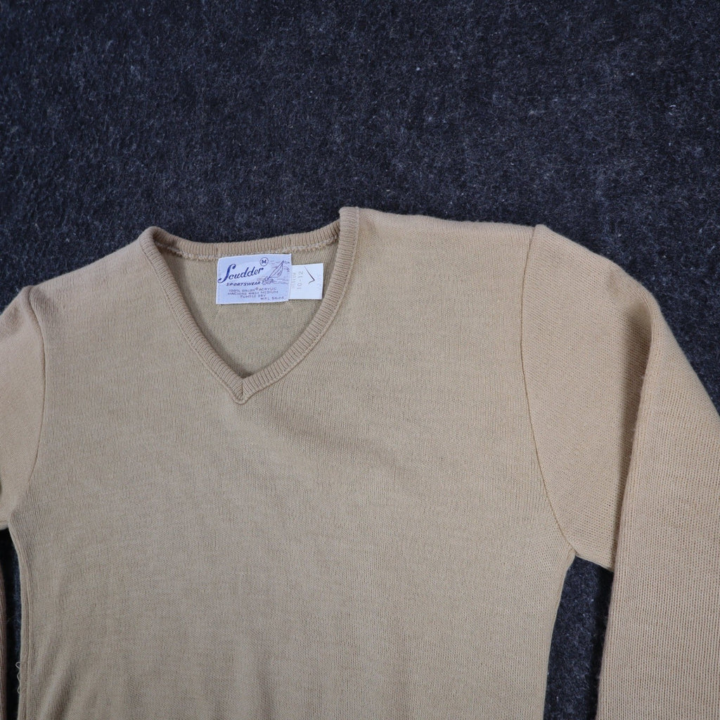 Scudder Sportswear V-Neck Sweater Youth Medium 10-12 Vintage 70s Tan Acrylic USA - take2supply