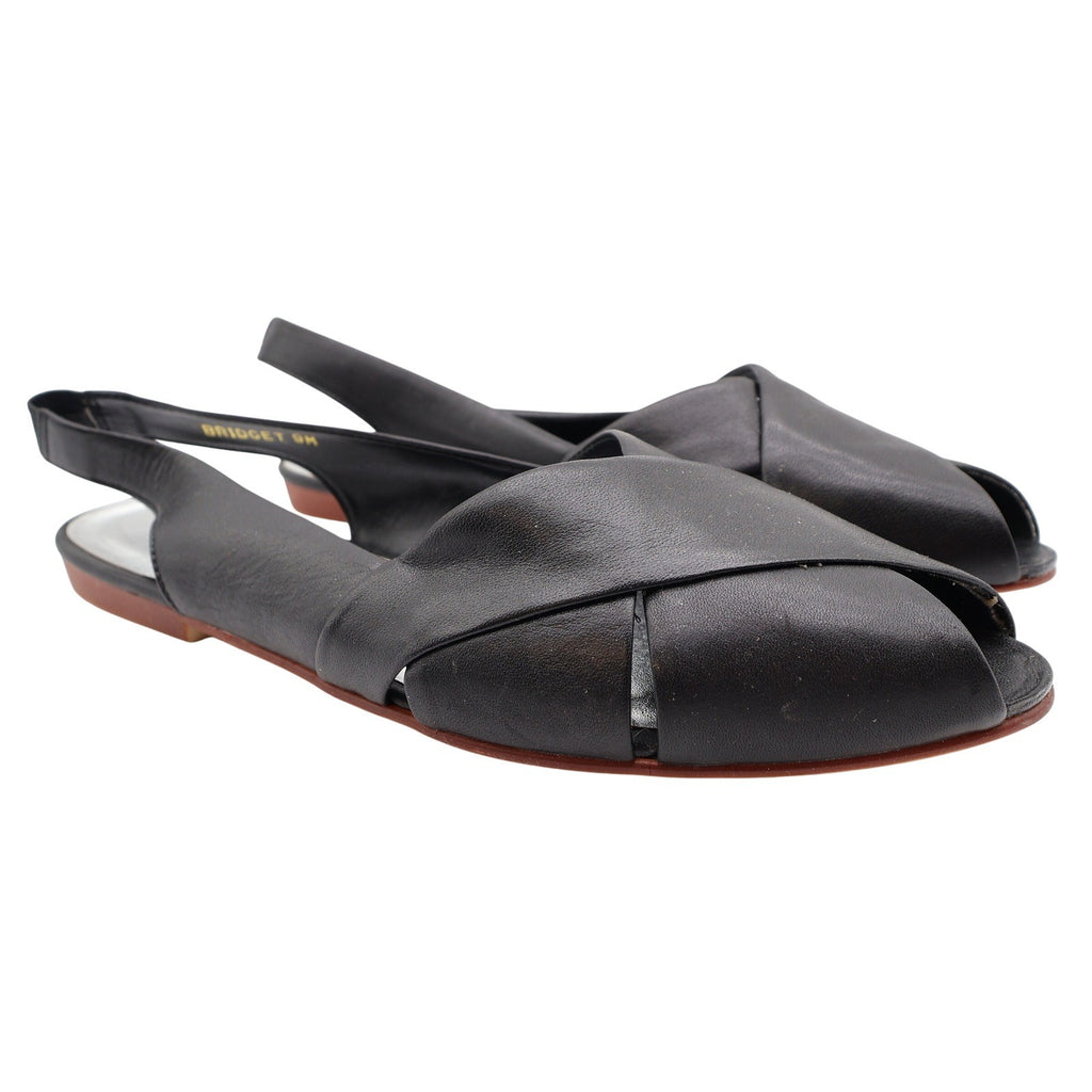 Nicole Bridget Sandals Women 9 Black Leather Slingback Flat Peep Toe Vintage y2k - take2supply