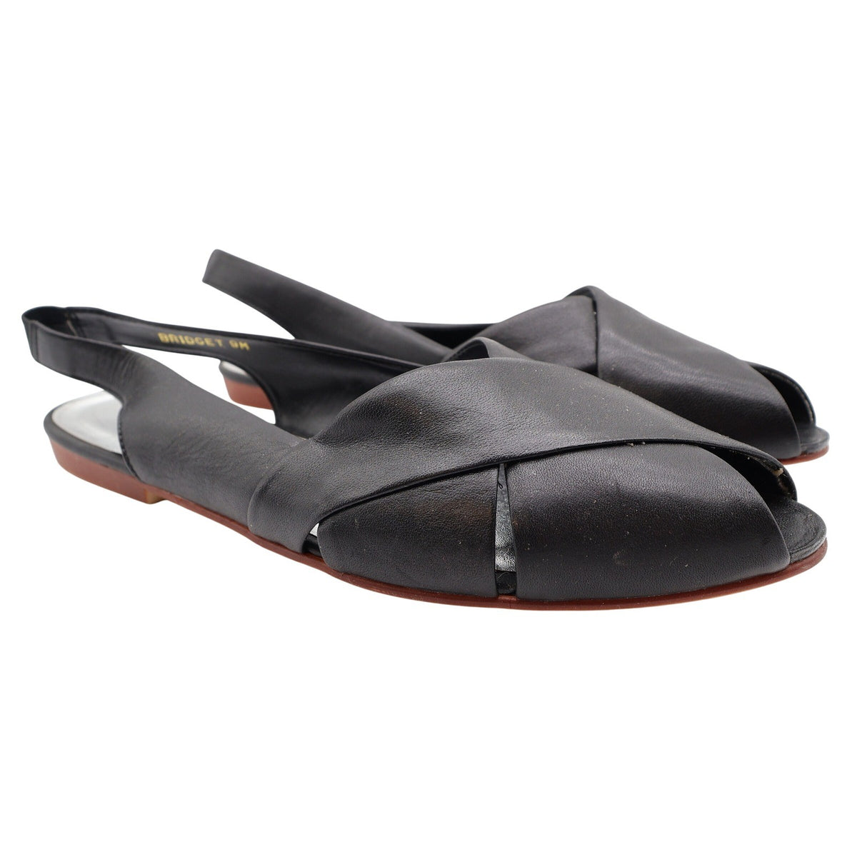 Nicole Bridget Sandals Women 9 Black Leather Slingback Flat Peep Toe Vintage y2k - take2supply