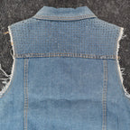 Vocal Denim Vest Womens Large Blue Light Wash Rhinestone Studded Frayed Y2K - take2supply