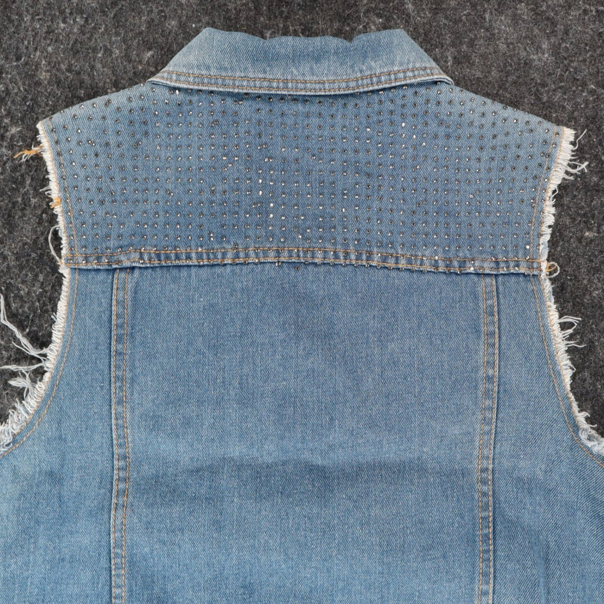 Vocal Denim Vest Womens Large Blue Light Wash Rhinestone Studded Frayed Y2K - take2supply