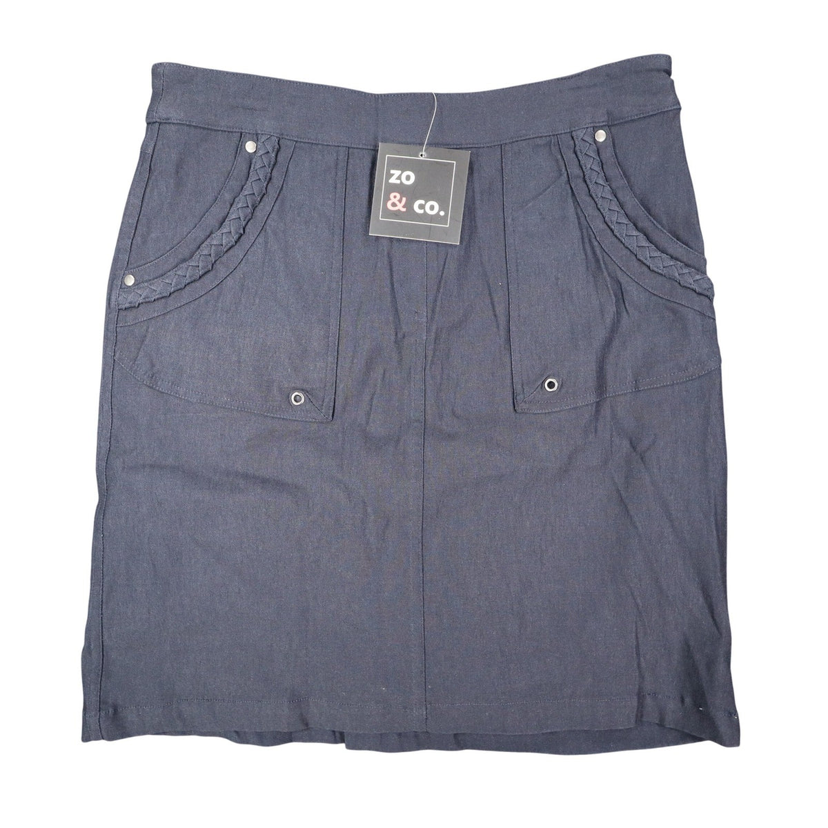 Zo & Co. Skirt Women 6 Navy Blue Braided Trim Utility Pocket Rayon Blend C1-905 - take2supply