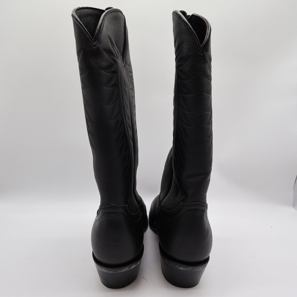 Black Diamond J cowboy boots, rear view showing tall shafts and heels