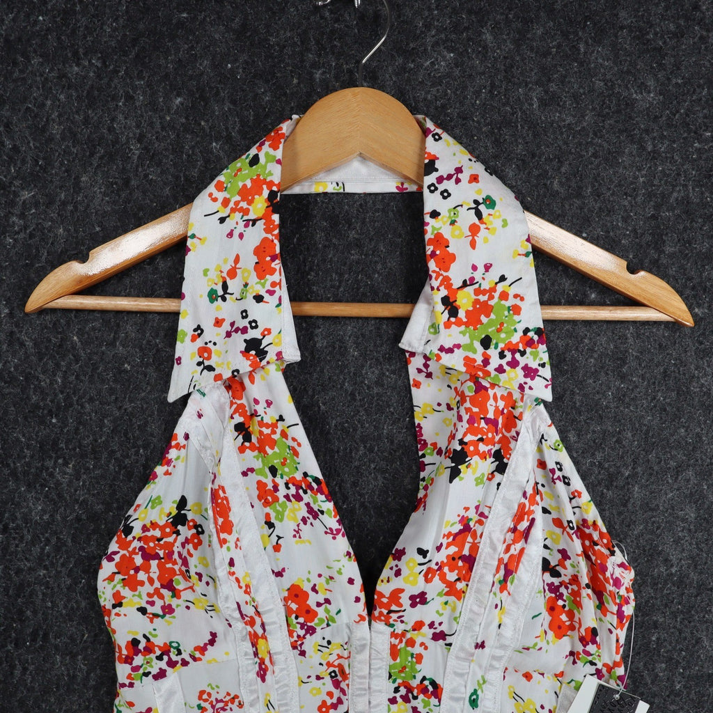 XOXO Halter Top Womens Medium Y2K White Floral Cotton Pleated Smocked NWT - take2supply