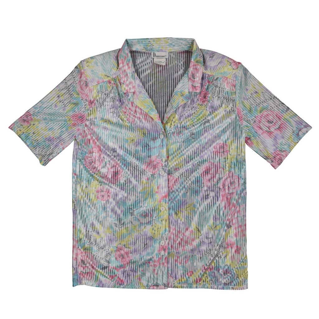 Donnkenny Blouse Womens 12 Vintage 90s Pastel Floral Sheer Stripe Button Up USA - take2supply