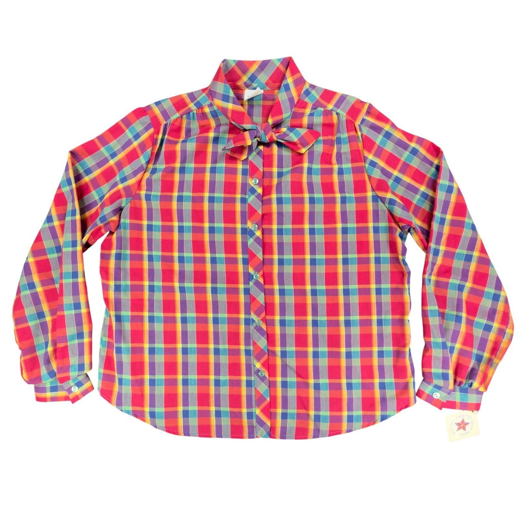 Sunny Shores Vintage 80s Bow Blouse Womens 18 Multi Plaid NWT Deadstock - take2supply